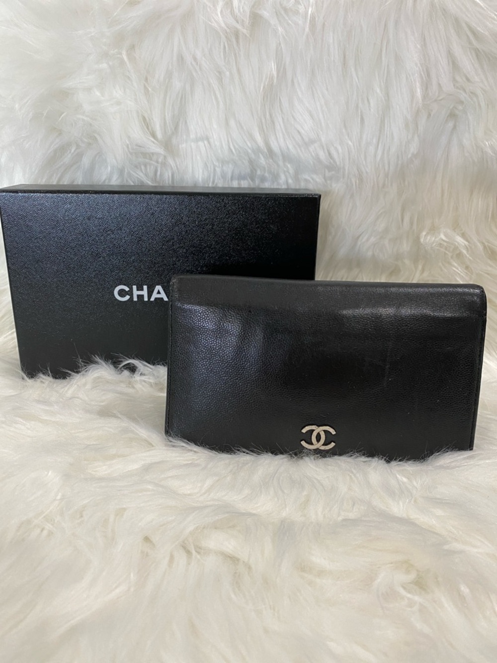 CHANEL Black Leather Wallet with Silver CC Emblem